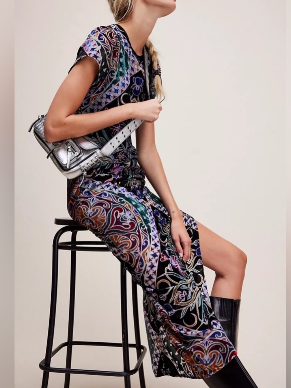 Free People Sz S Dress Iris Velvet Black Multicolour Midi Boho Festival Party - Picture 2 of 12